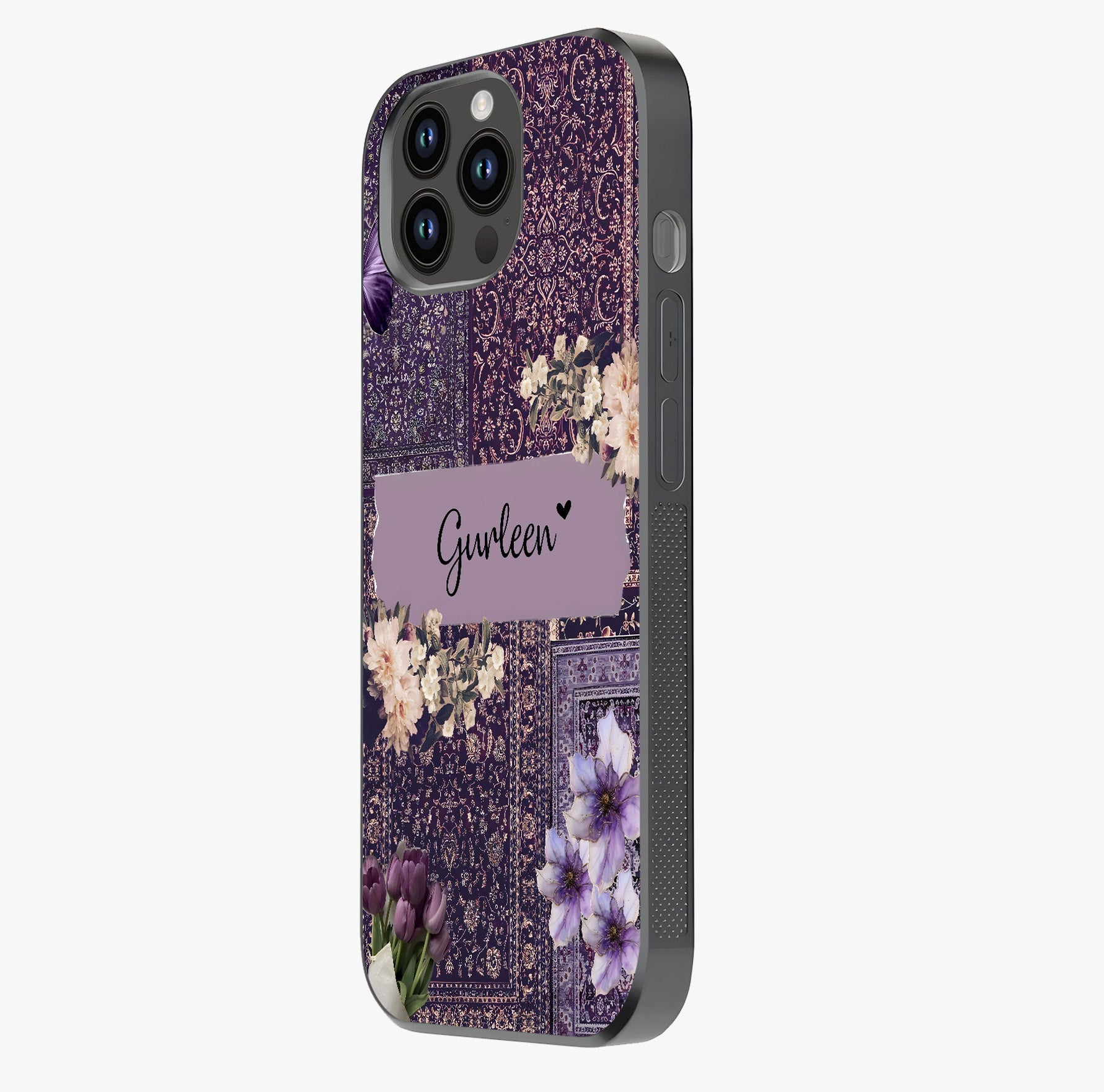 Antique Floral Whisper Custom Name Glass Case photographed in natural light showing reflective finish and design depth.