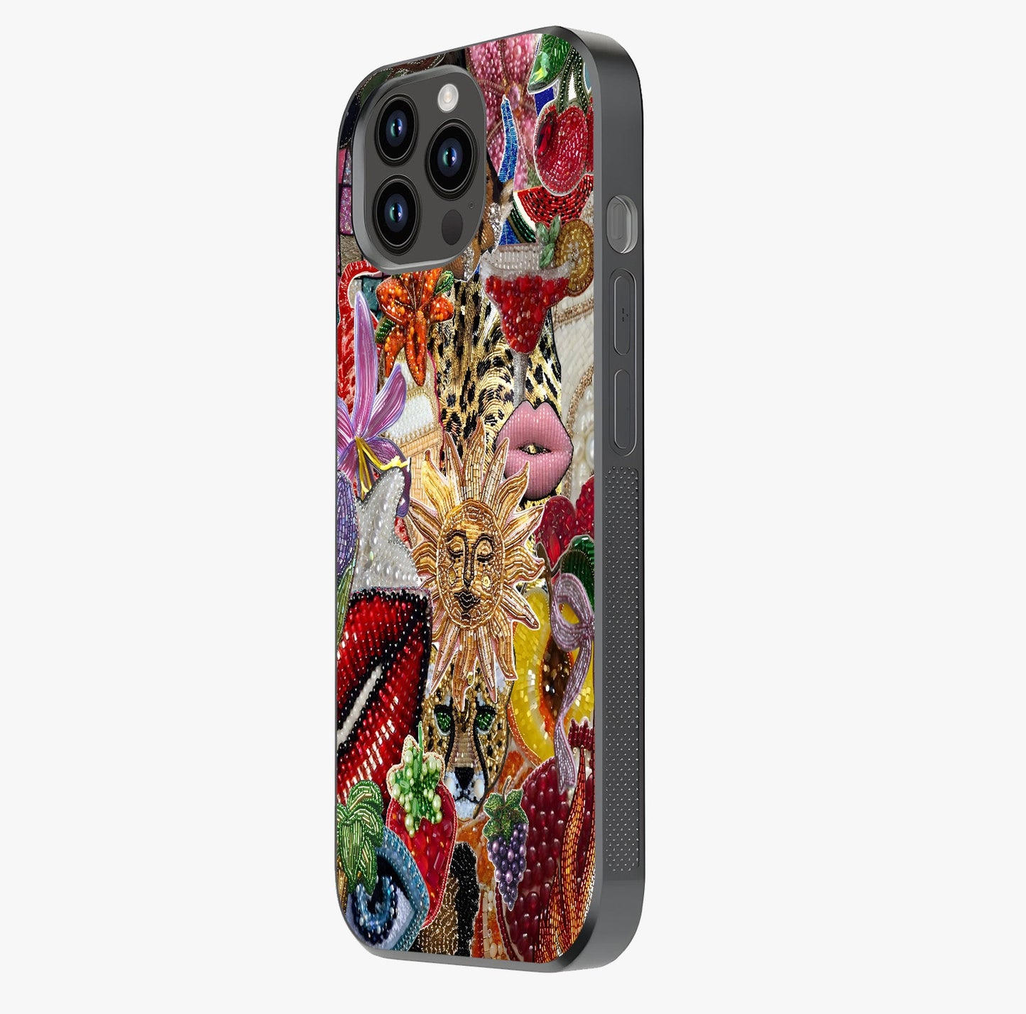 Beaded Fashion Jungle Glass Case photographed in natural light showing reflective finish and design depth.