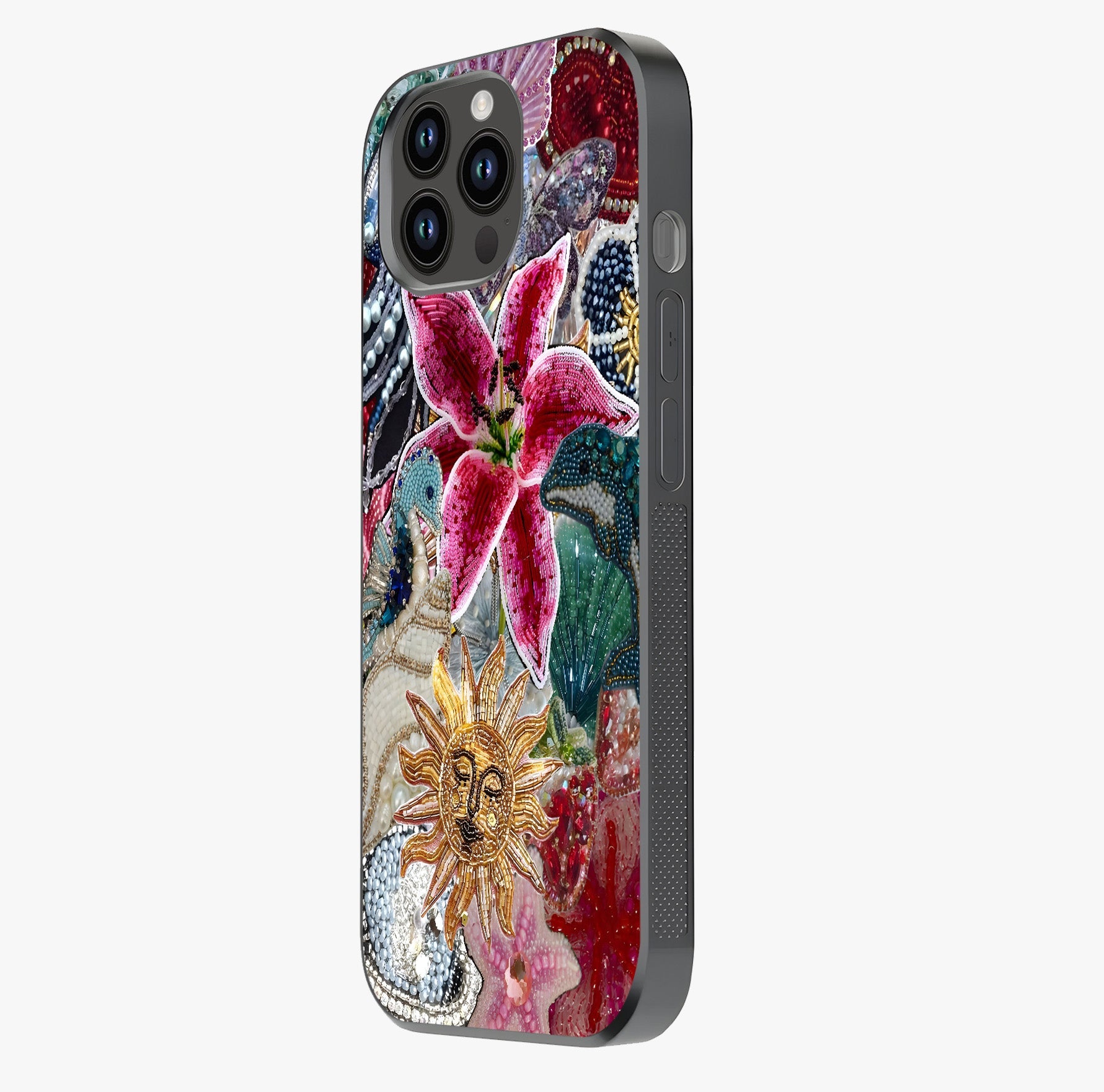 Beaded Garden Fantasy Glass Case photographed in natural light showing reflective finish and design depth.