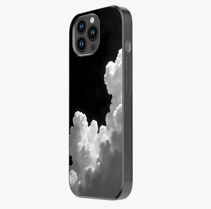 Black Background With White Cloud Glass Case photographed in natural light showing reflective finish and design depth.