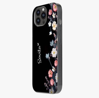 Black Elegance Floral Custom Name Glass Case photographed in natural light showing reflective finish and design depth.
