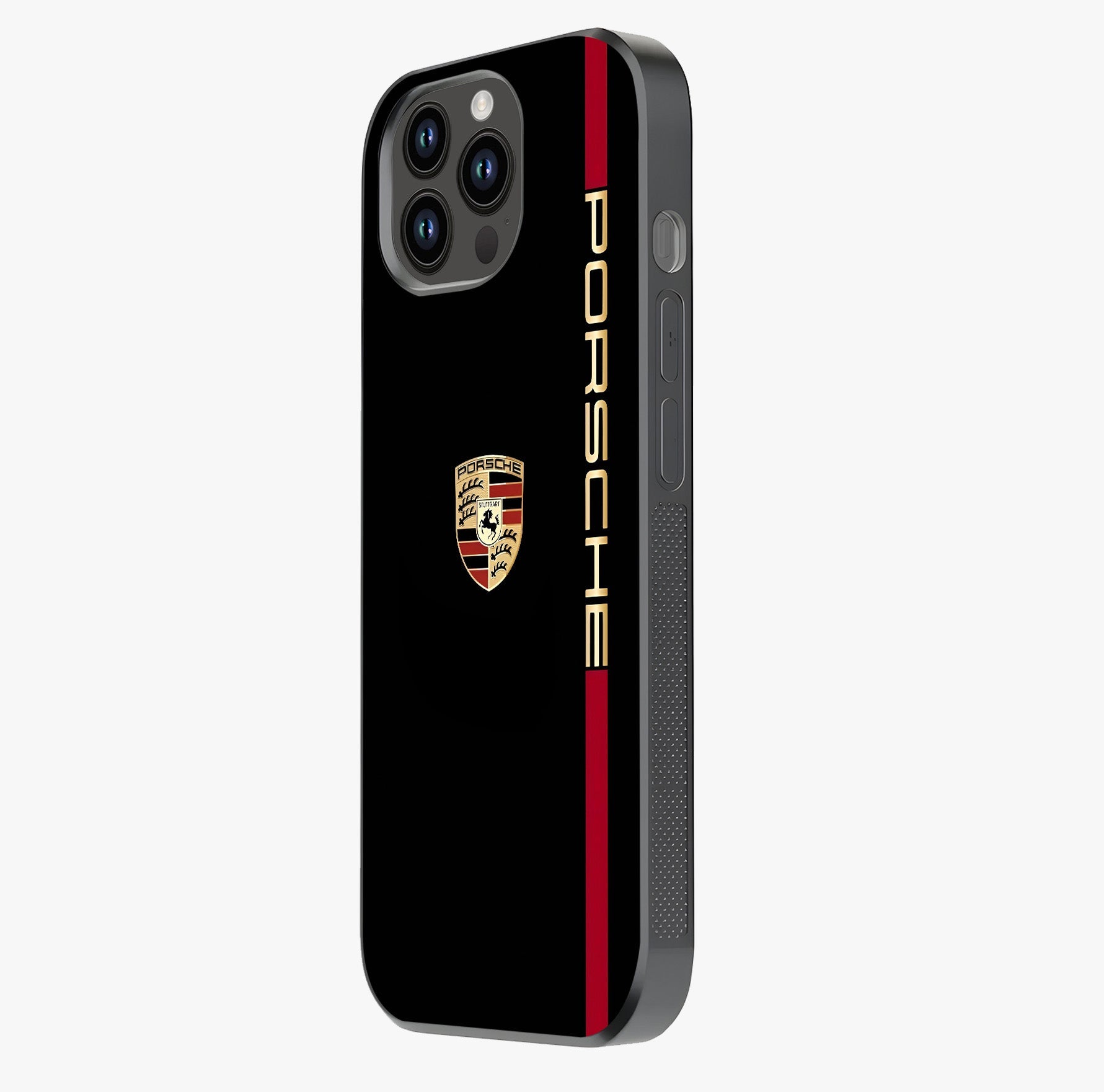 Black Minimal Porsche Glass Case photographed in natural light showing reflective finish and design depth.
