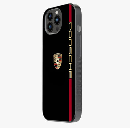 Black Minimal Porsche Glass Case photographed in natural light showing reflective finish and design depth.