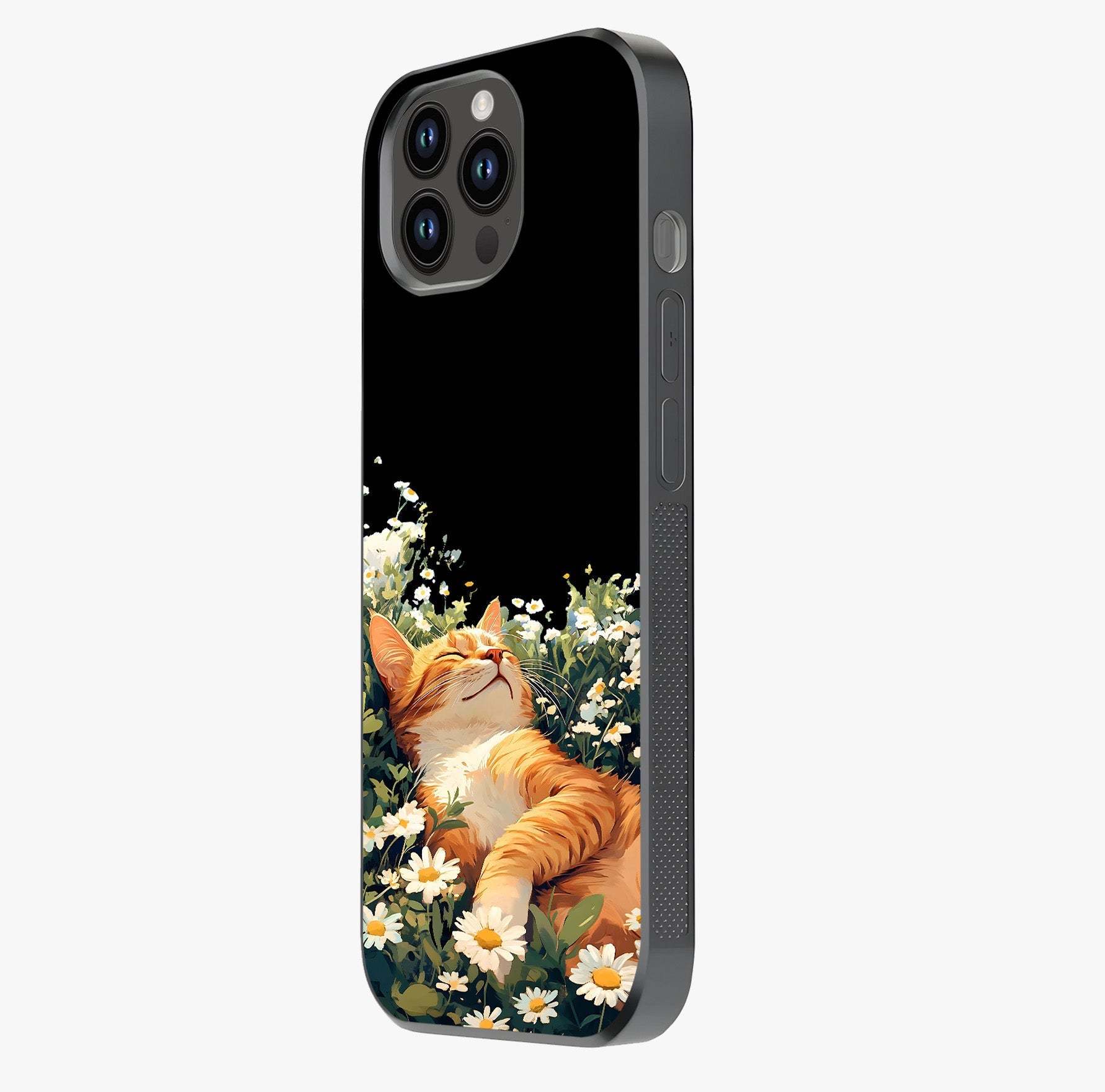 Blissful Bloom Cat Glass Case photographed in natural light showing reflective finish and design depth.