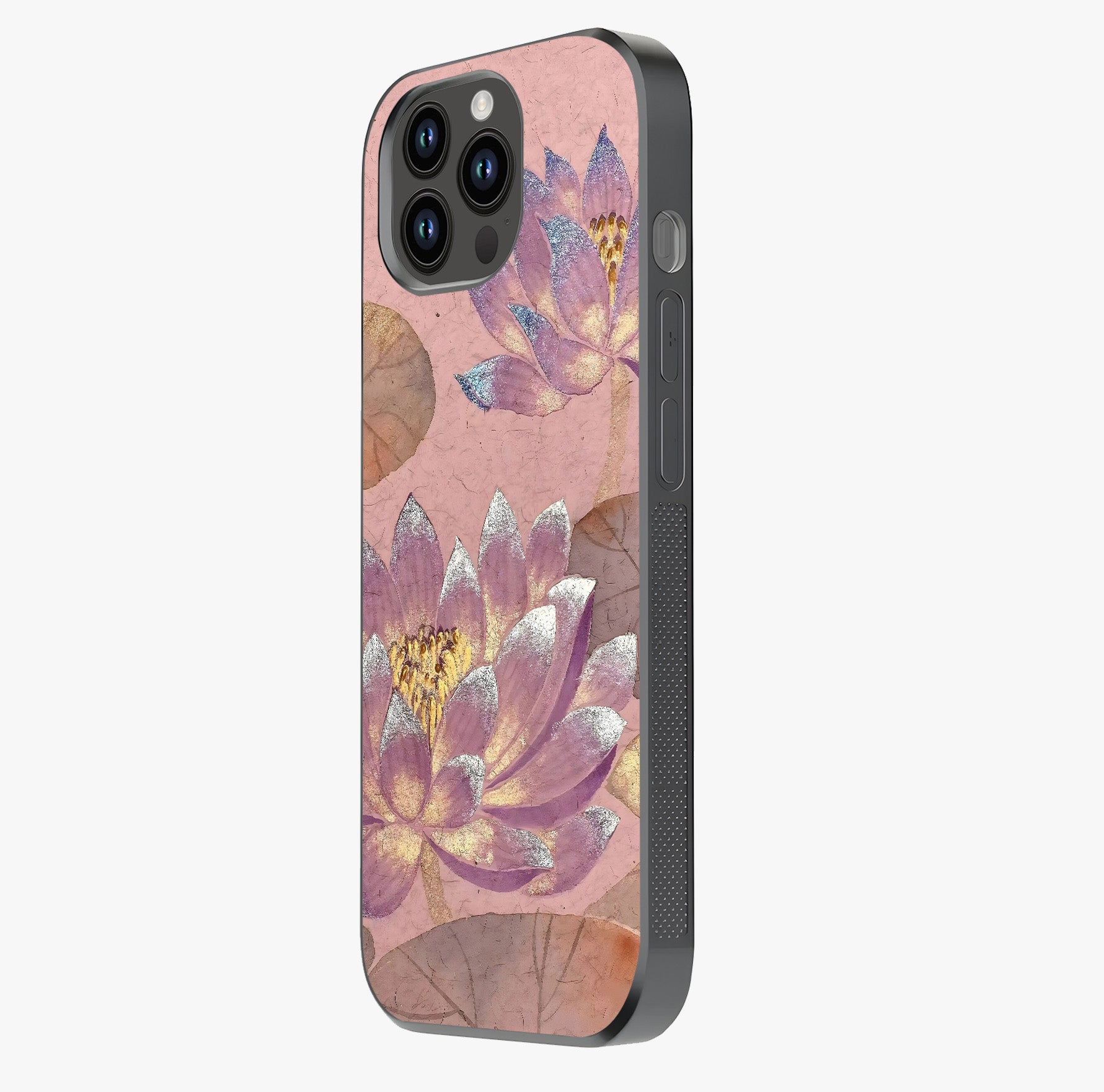Blossom Mist Lotus Glass Case photographed in natural light showing reflective finish and design depth.