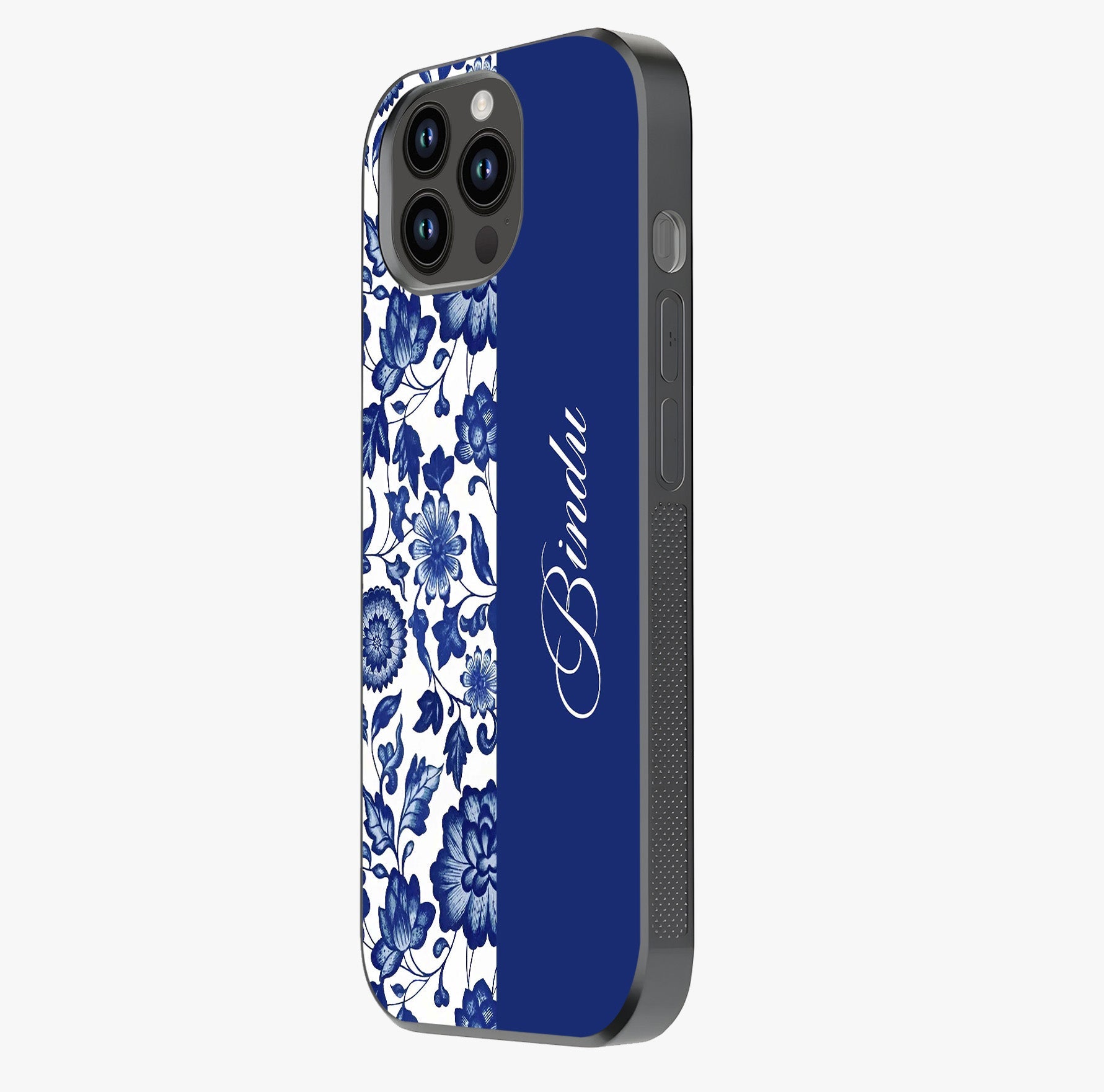 Blue Vintage Floral Pattern Glass Case photographed in natural light showing reflective finish and design depth.