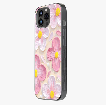 Blush Bloom Texture Glass Case photographed in natural light showing reflective finish and design depth.