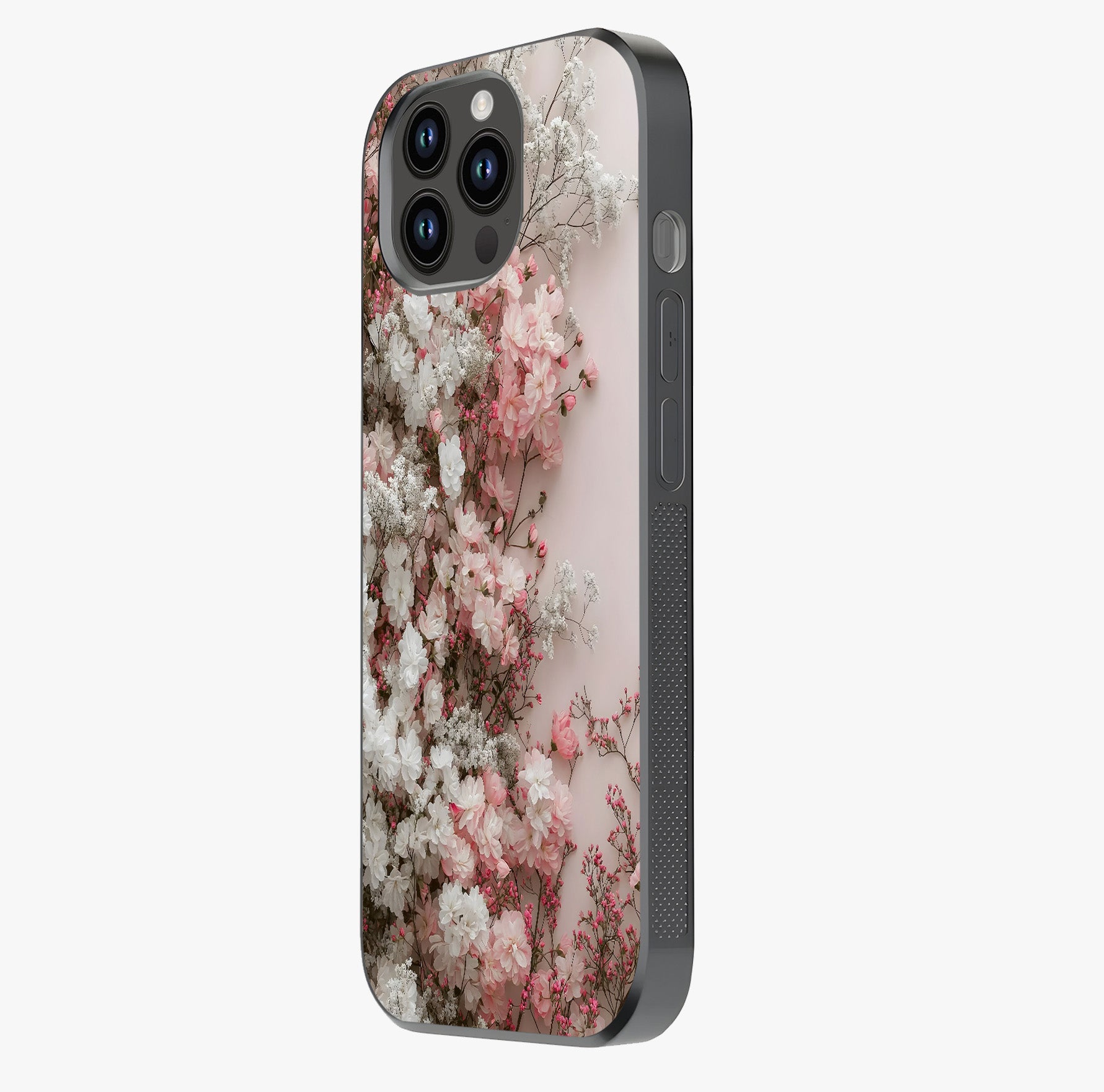 Blush Blossom Cloud Glass Case photographed in natural light showing reflective finish and design depth.