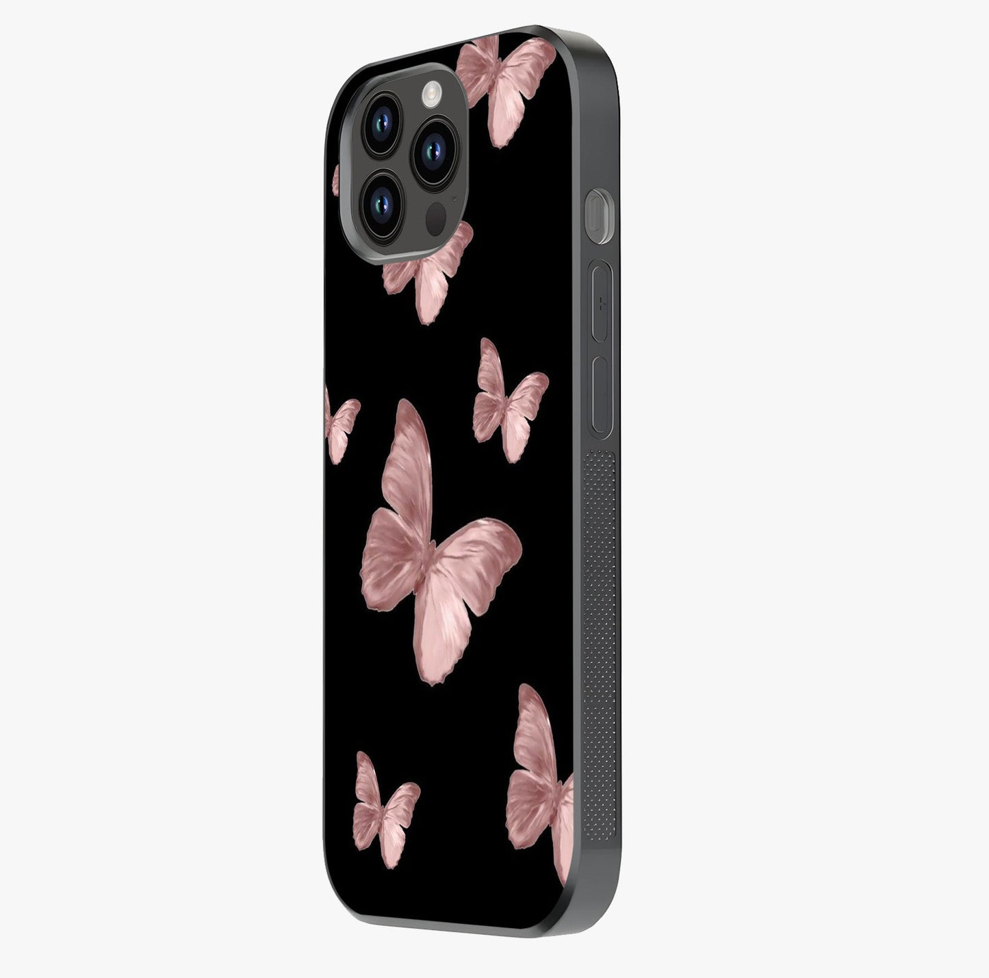 Butterfly Pattern Glass Case photographed in natural light showing reflective finish and design depth.