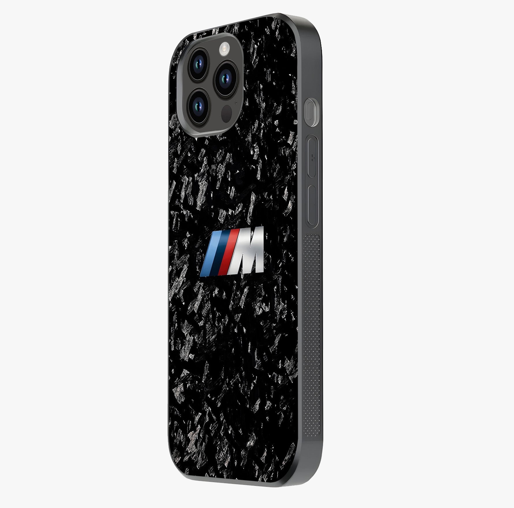 Carbon Speed Mark Glass Case photographed in natural light showing reflective finish and design depth.