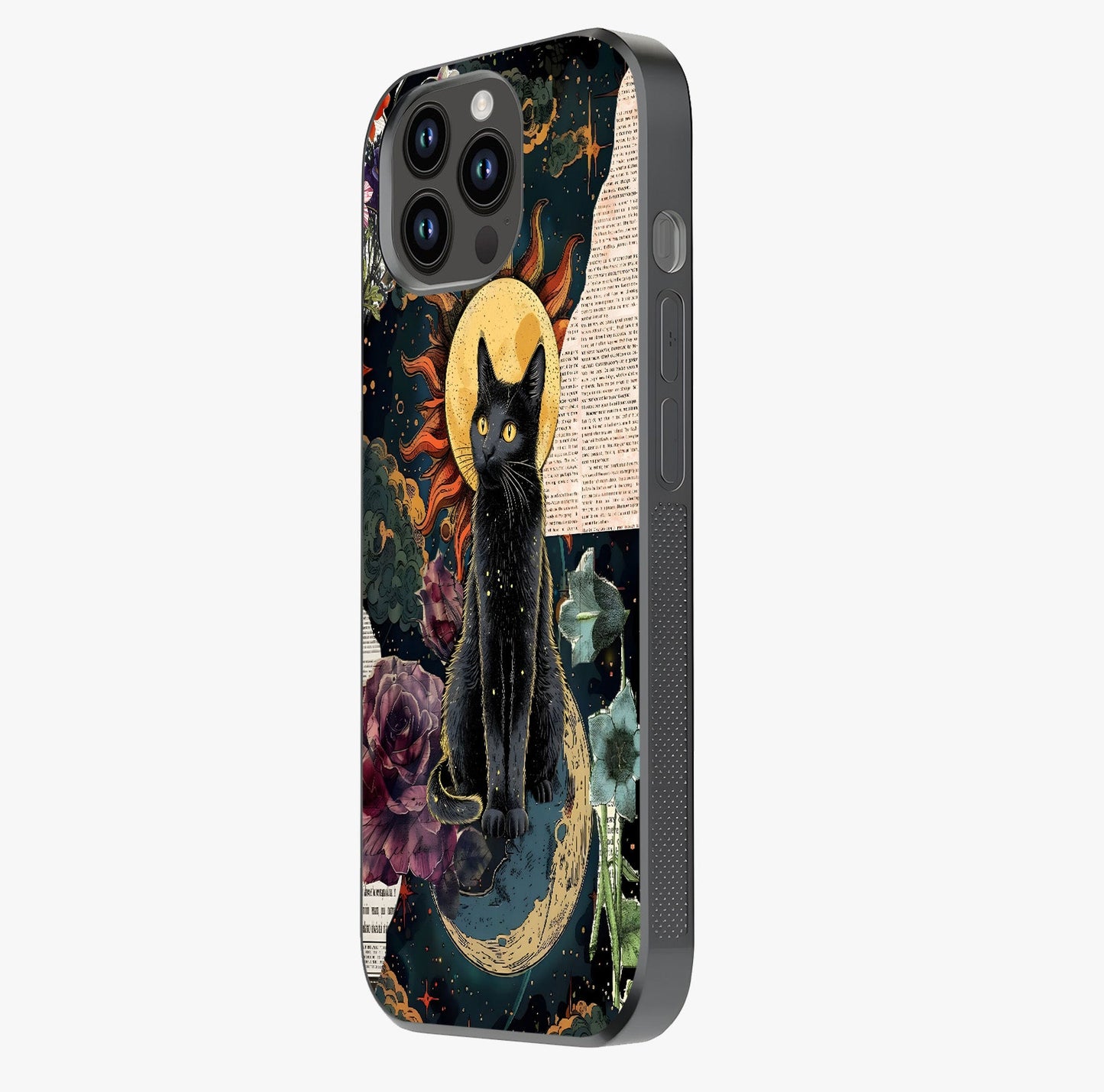 Celestial Black Cat Glass Case photographed in natural light showing reflective finish and design depth.