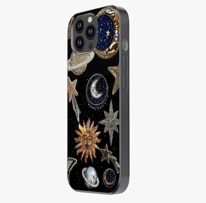 Celestial Gem Constellations Glass Case photographed in natural light showing reflective finish and design depth.