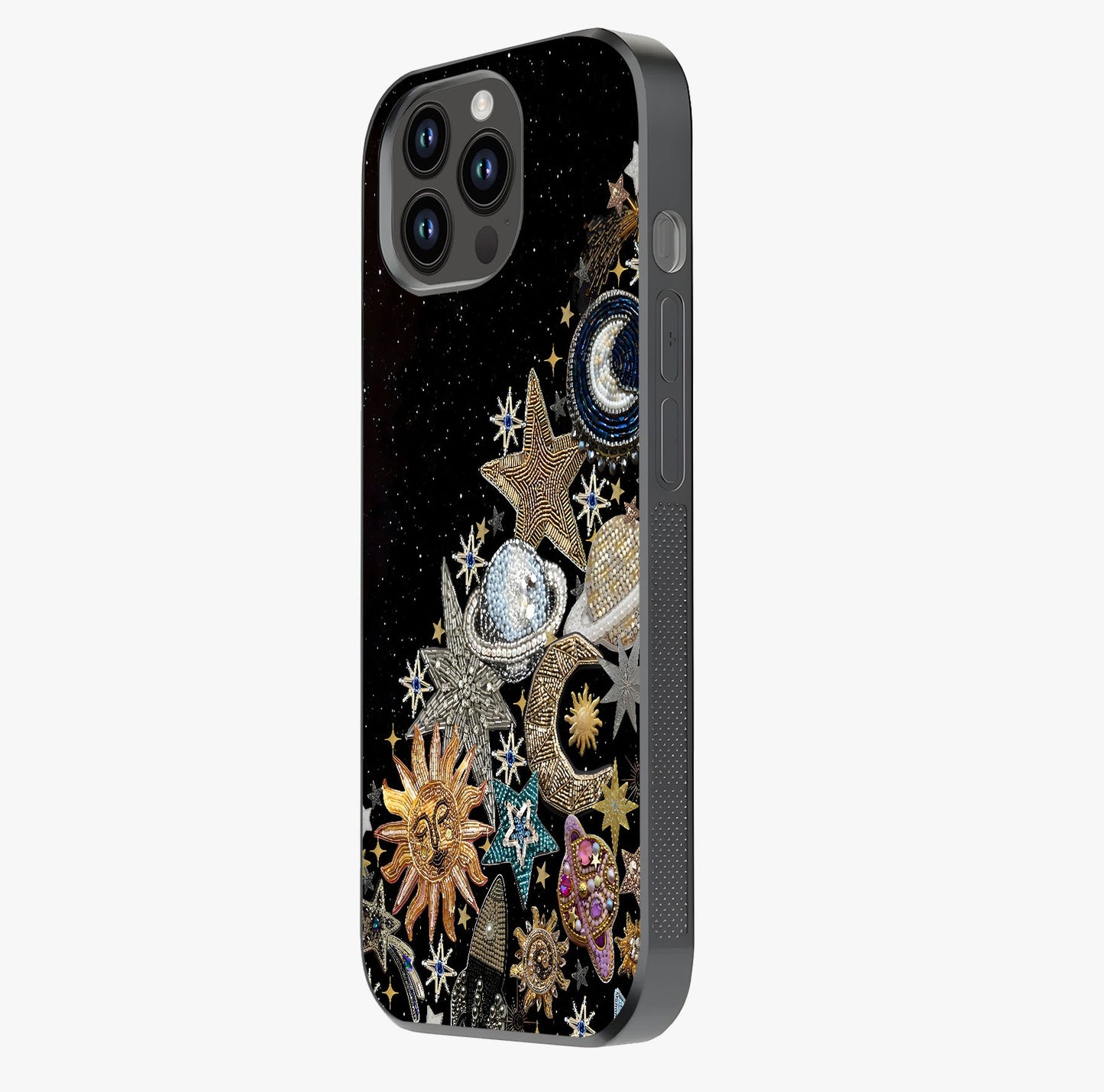 Cosmic Sparkle Dreams Glass Case photographed in natural light showing reflective finish and design depth.