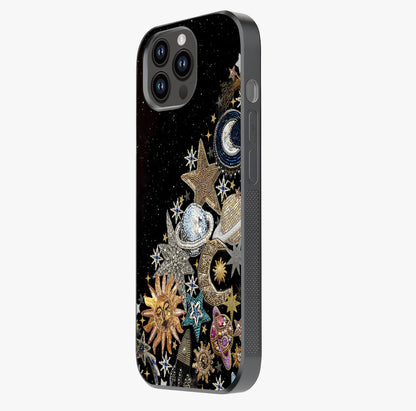 Cosmic Sparkle Dreams Glass Case photographed in natural light showing reflective finish and design depth.