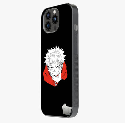 Crimson Chaos Smile Glass Case photographed in natural light showing reflective finish and design depth.