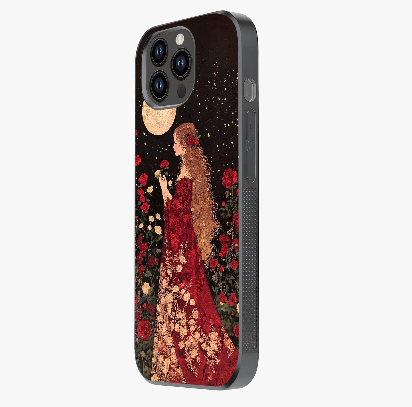 Crimson Dreams Glass Case photographed in natural light showing reflective finish and design depth.
