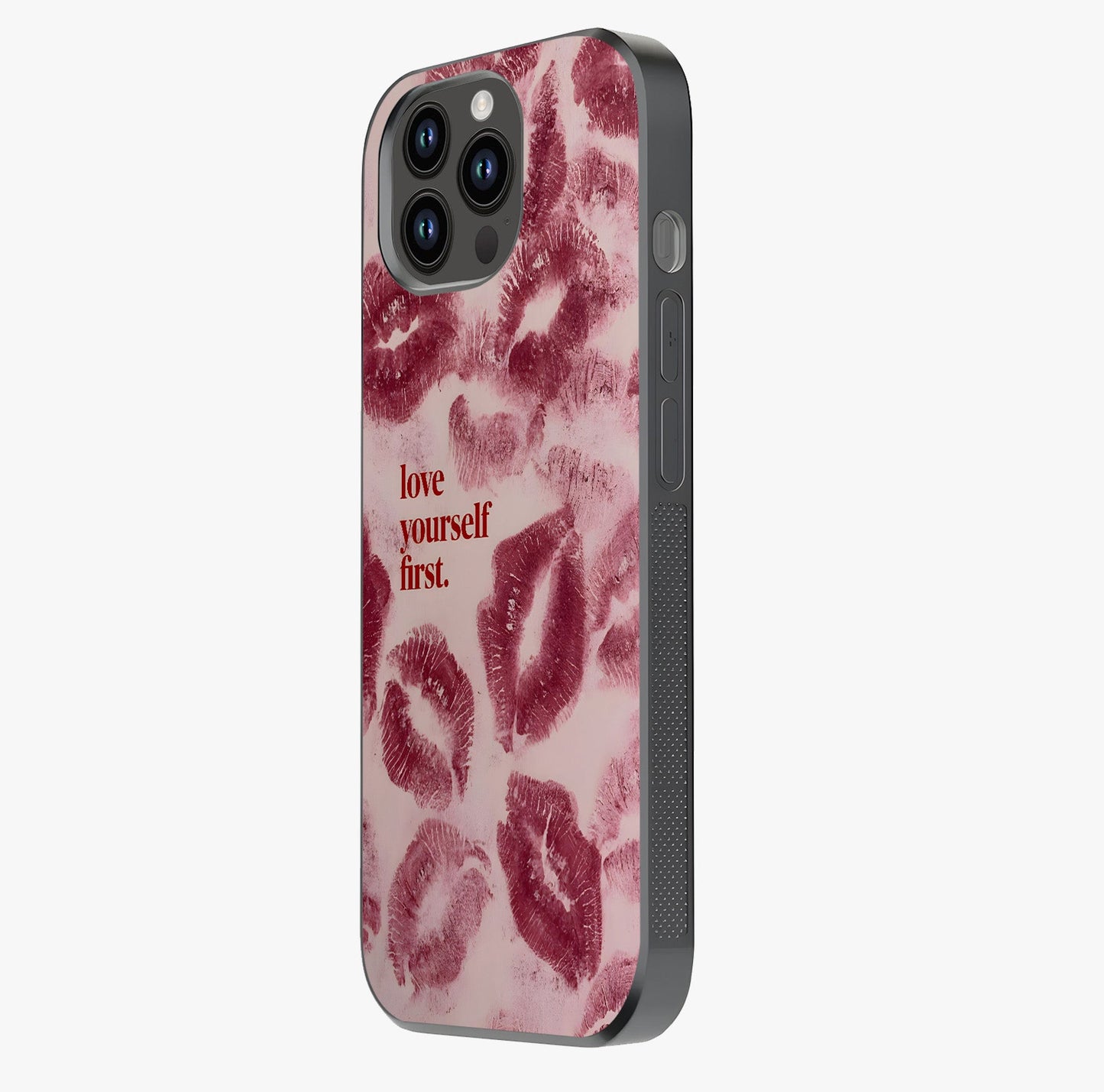 Crimson Kiss Love Glass Case photographed in natural light showing reflective finish and design depth.