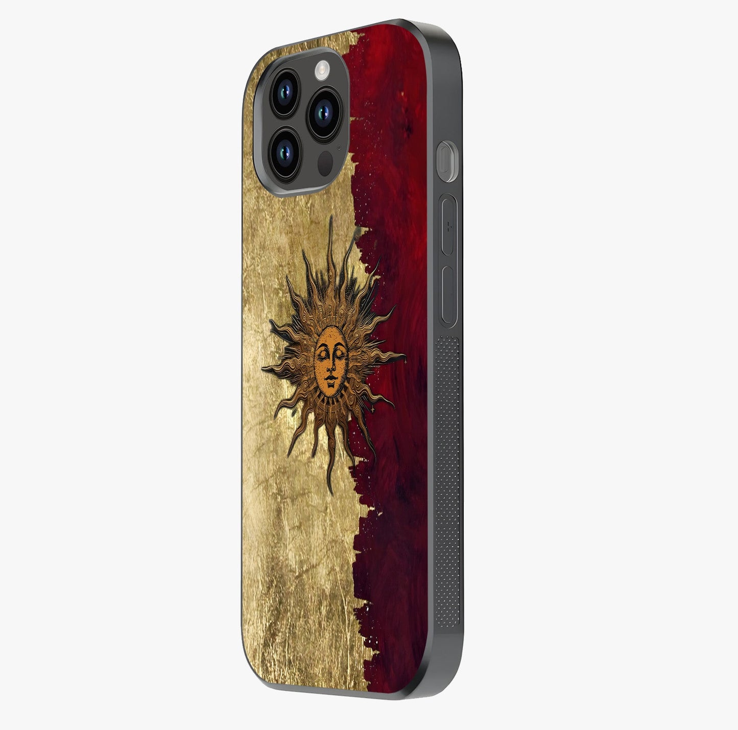 Crimson Sun Majesty Glass Case photographed in natural light showing reflective finish and design depth.