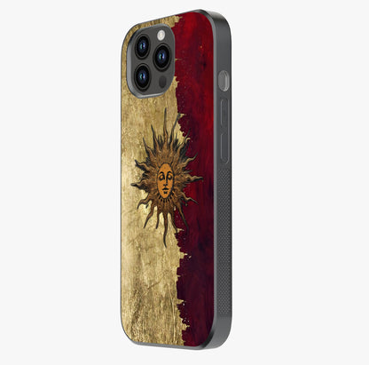 Crimson Sun Majesty Glass Case photographed in natural light showing reflective finish and design depth.
