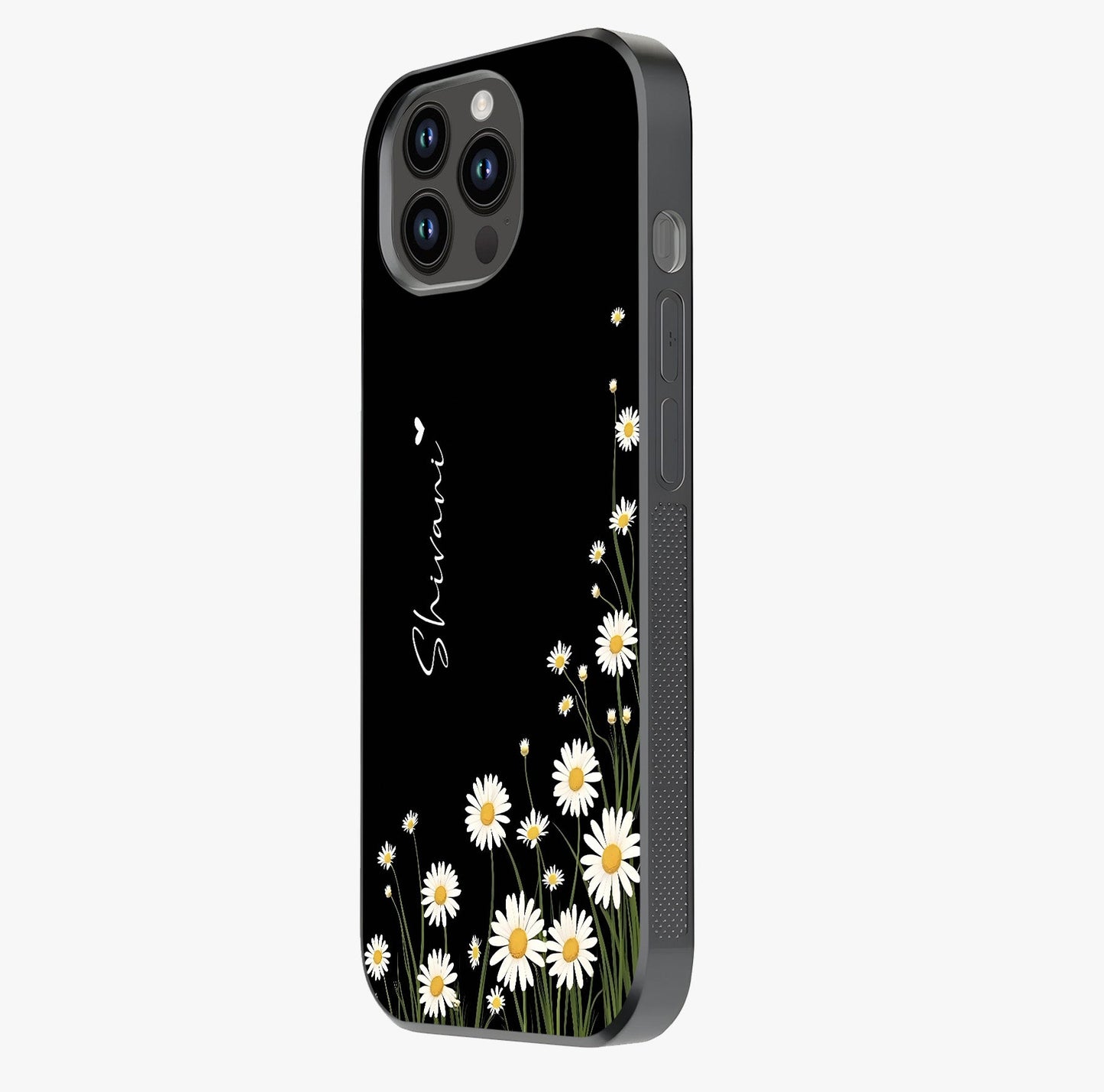 Daisy Cascade Custom Name Glass Case photographed in natural light showing reflective finish and design depth.