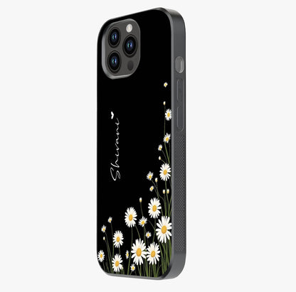 Daisy Cascade Custom Name Glass Case photographed in natural light showing reflective finish and design depth.
