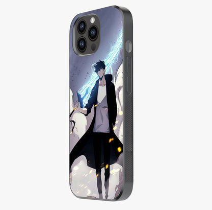 Dark Lightning Anime Warrior Glass Case photographed in natural light showing reflective finish and design depth.