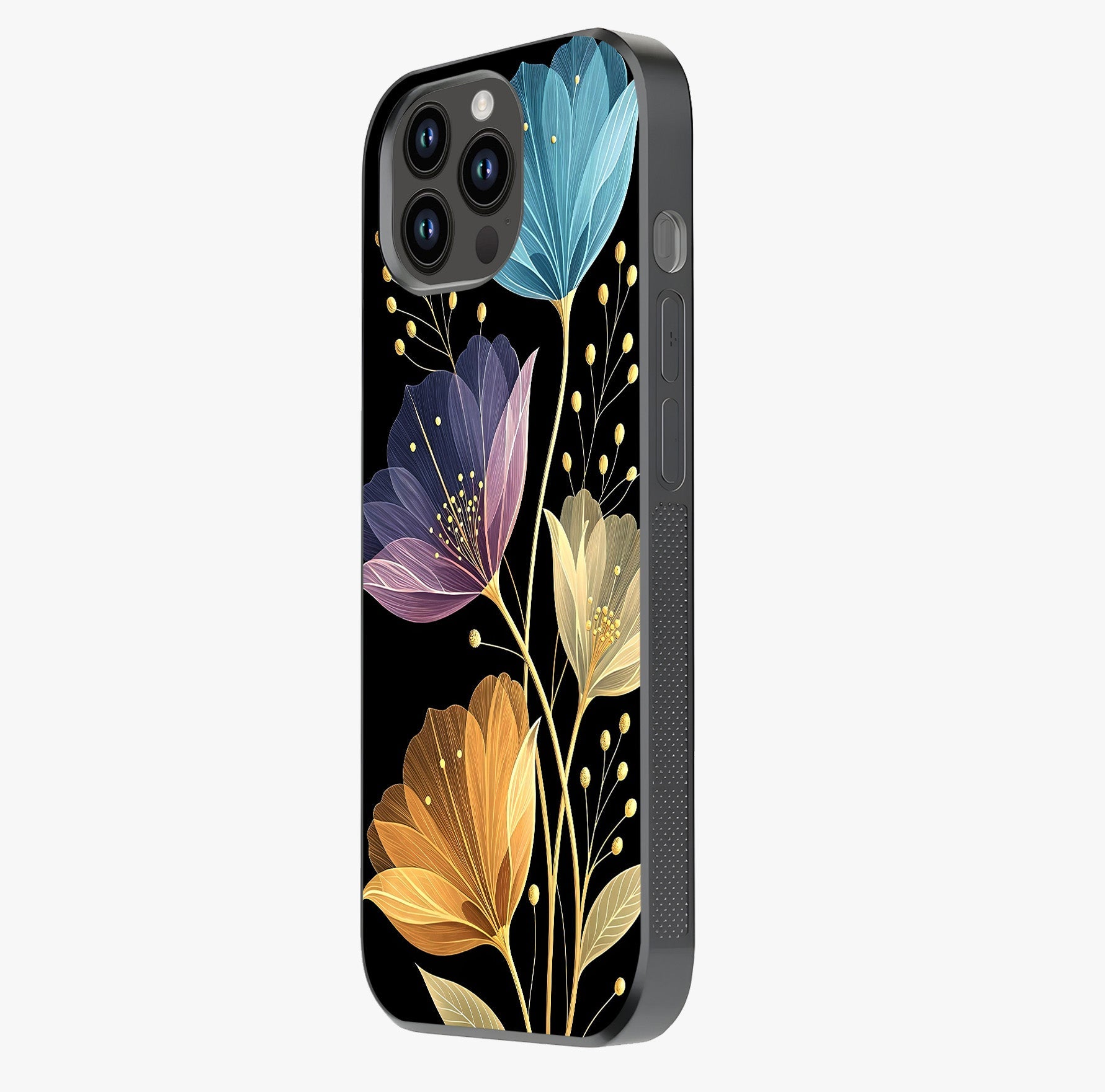 Delicate Multicolor Flowers Glass Case photographed in natural light showing reflective finish and design depth.
