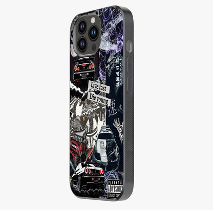 Die Young Glass Case photographed in natural light showing reflective finish and design depth.