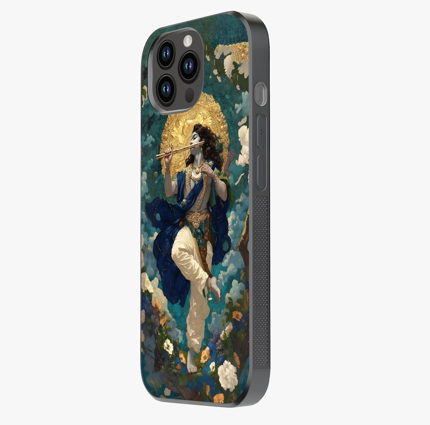 Divine Krishna Art Glass Case photographed in natural light showing reflective finish and design depth.