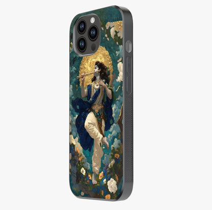 Divine Krishna Art Glass Case photographed in natural light showing reflective finish and design depth.
