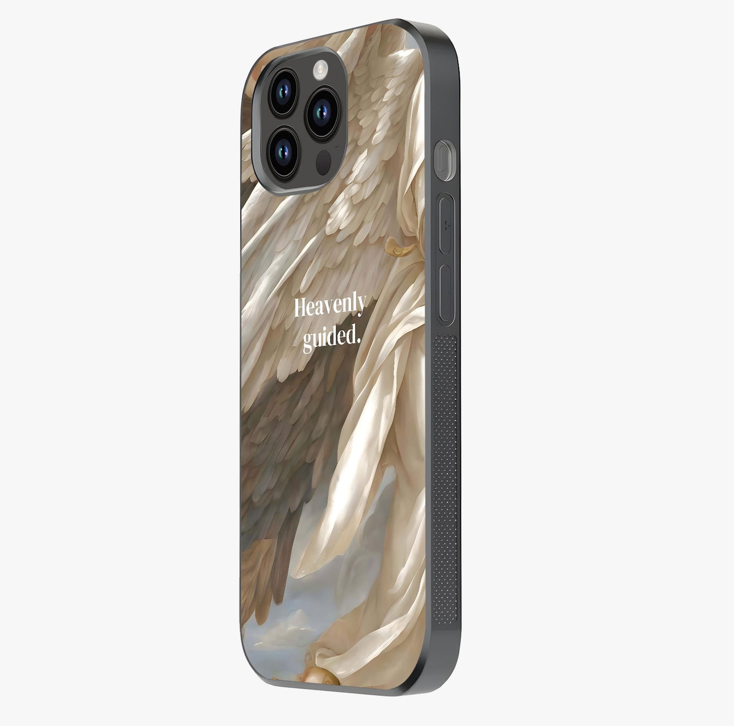 Divine Winged Grace Glass Case photographed in natural light showing reflective finish and design depth.