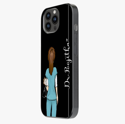 Doctor Pattern Custom Name Glass Case photographed in natural light showing reflective finish and design depth.