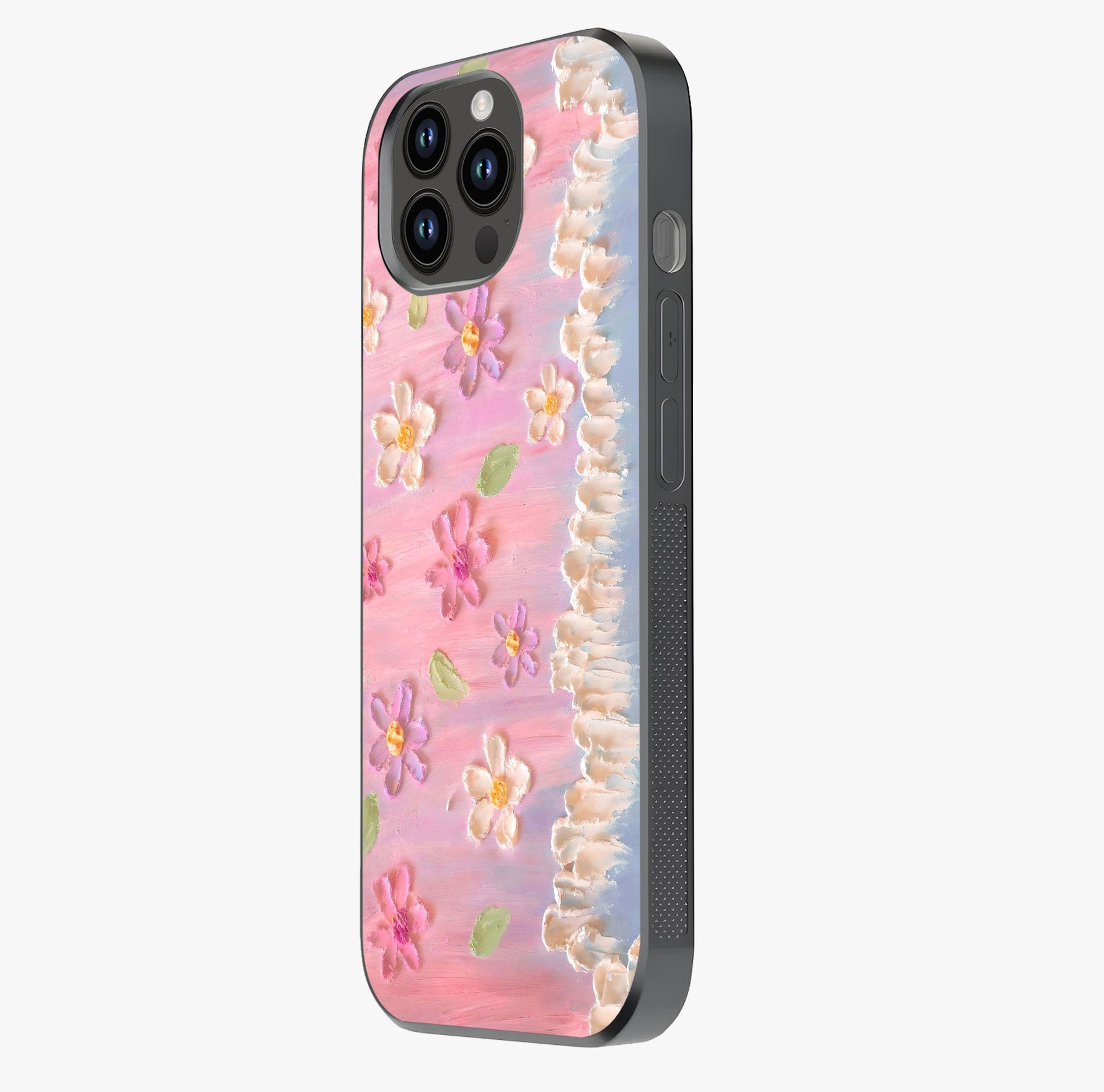 Dreamy Painted Garden Glass Case photographed in natural light showing reflective finish and design depth.
