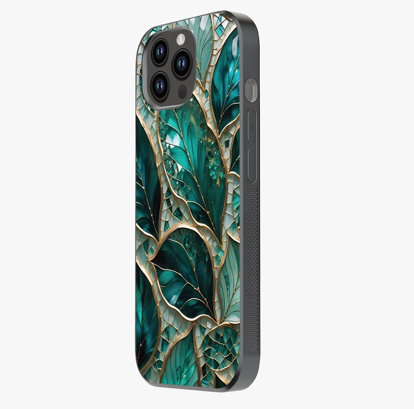 Emerald Leaf Glass Glass Case photographed in natural light showing reflective finish and design depth.