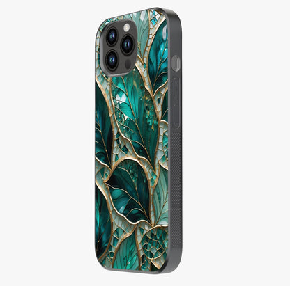 Emerald Leaf Glass Glass Case photographed in natural light showing reflective finish and design depth.