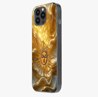 Eternal Golden Glow Glass Case photographed in natural light showing reflective finish and design depth.