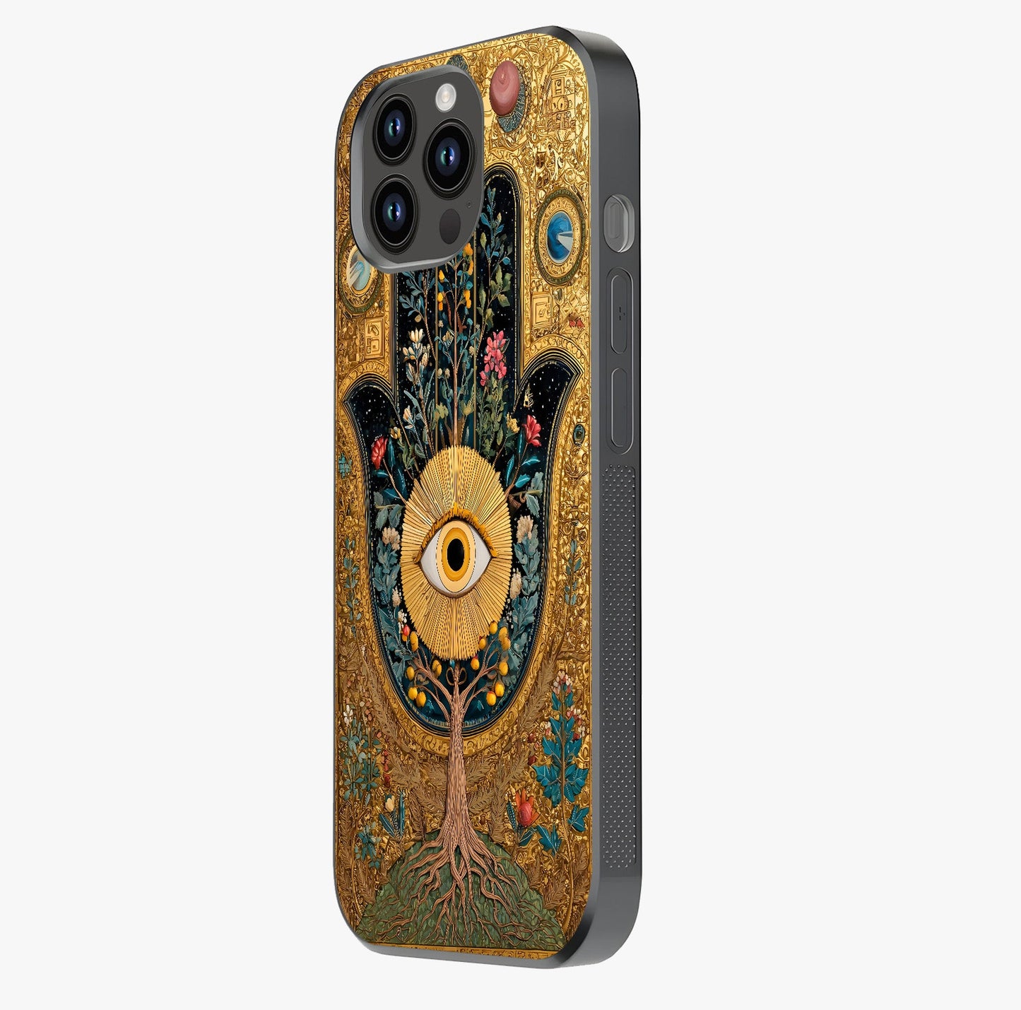 Ethereal Evil Eye Glass Case photographed in natural light showing reflective finish and design depth.