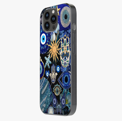 Evil Eye Charm Mix Glass Case photographed in natural light showing reflective finish and design depth.