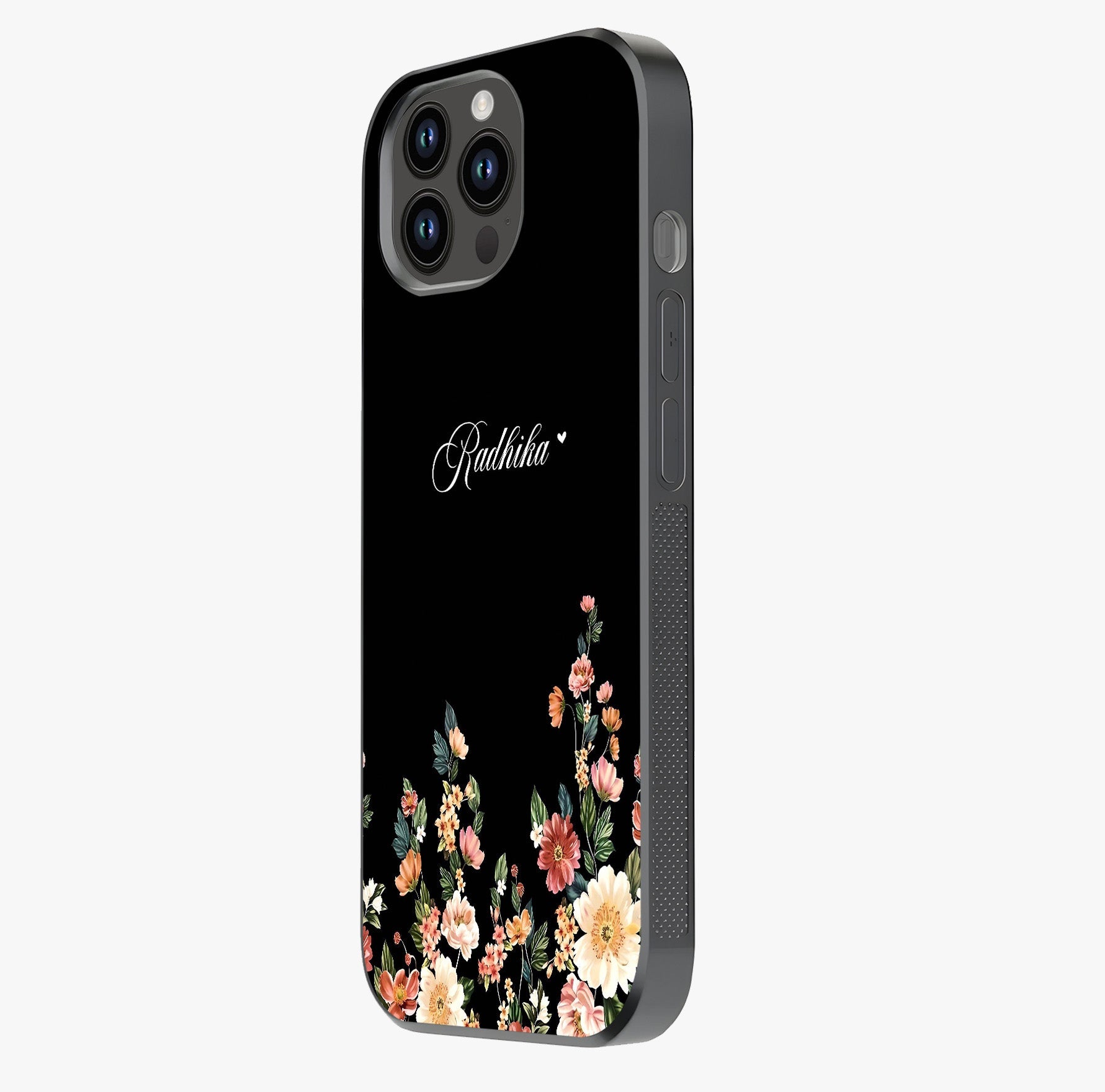Floral Design With A Custom Personalized Name Glass Case photographed in natural light showing reflective finish and design depth.