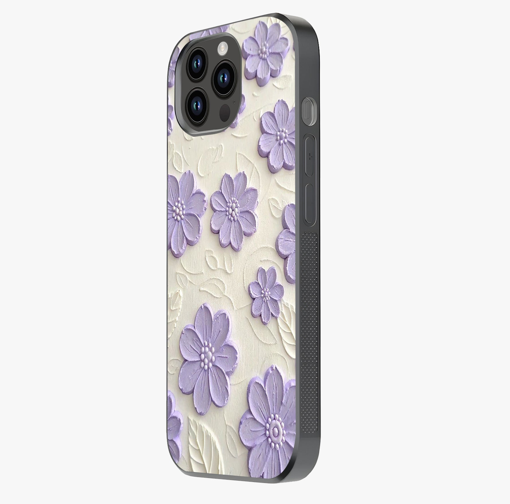 Floral Wall Art With Purple Flowers Glass Case photographed in natural light showing reflective finish and design depth.