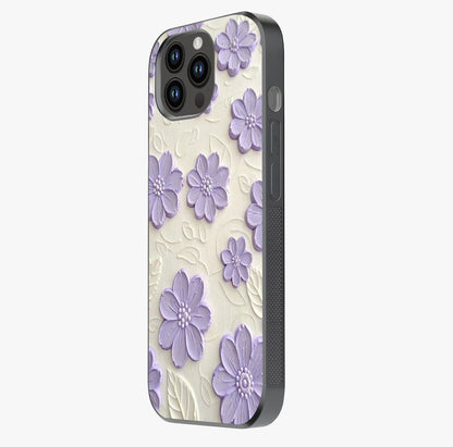 Floral Wall Art With Purple Flowers Glass Case photographed in natural light showing reflective finish and design depth.