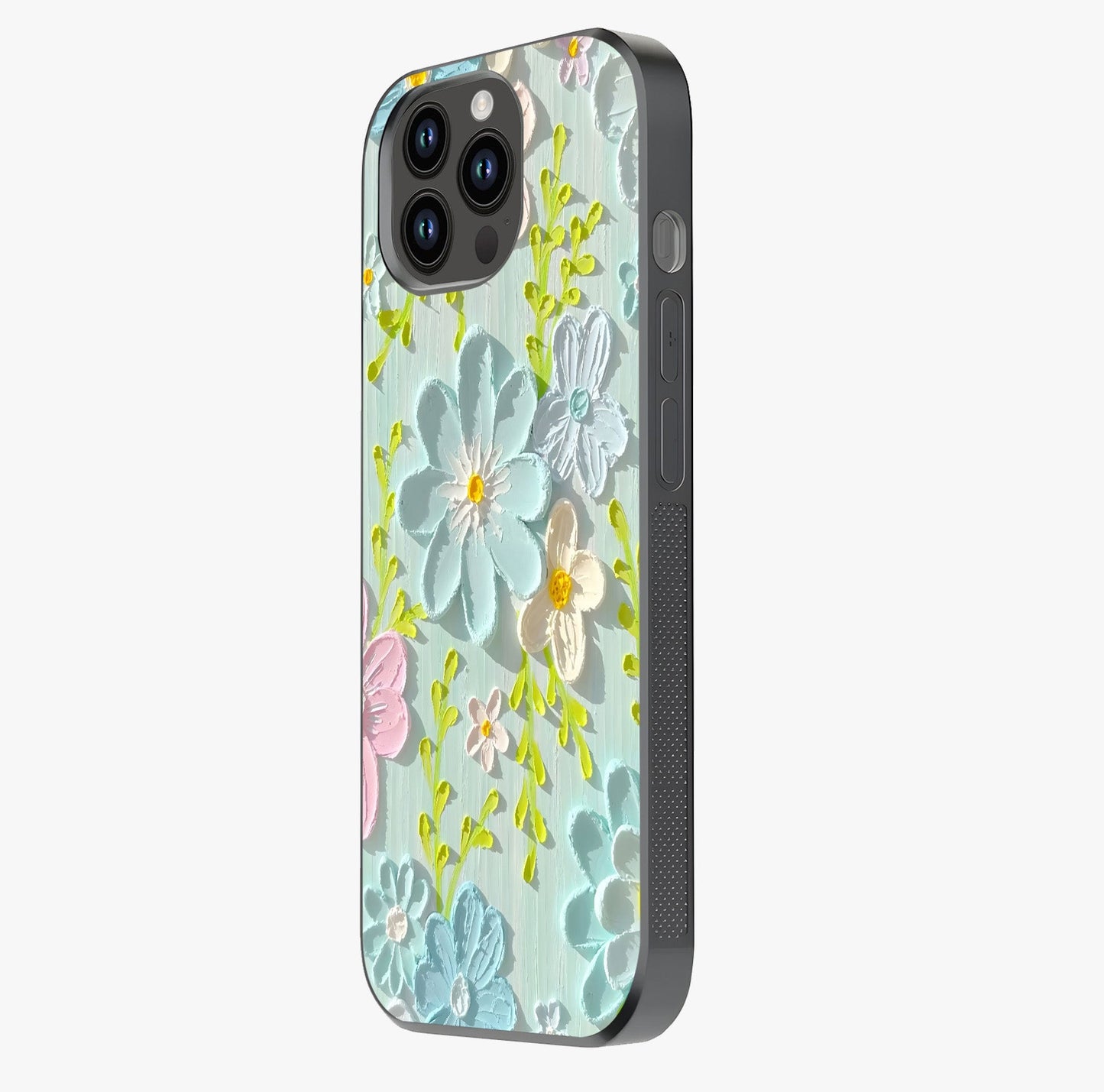 Frosted Petal Garden Glass Case photographed in natural light showing reflective finish and design depth.