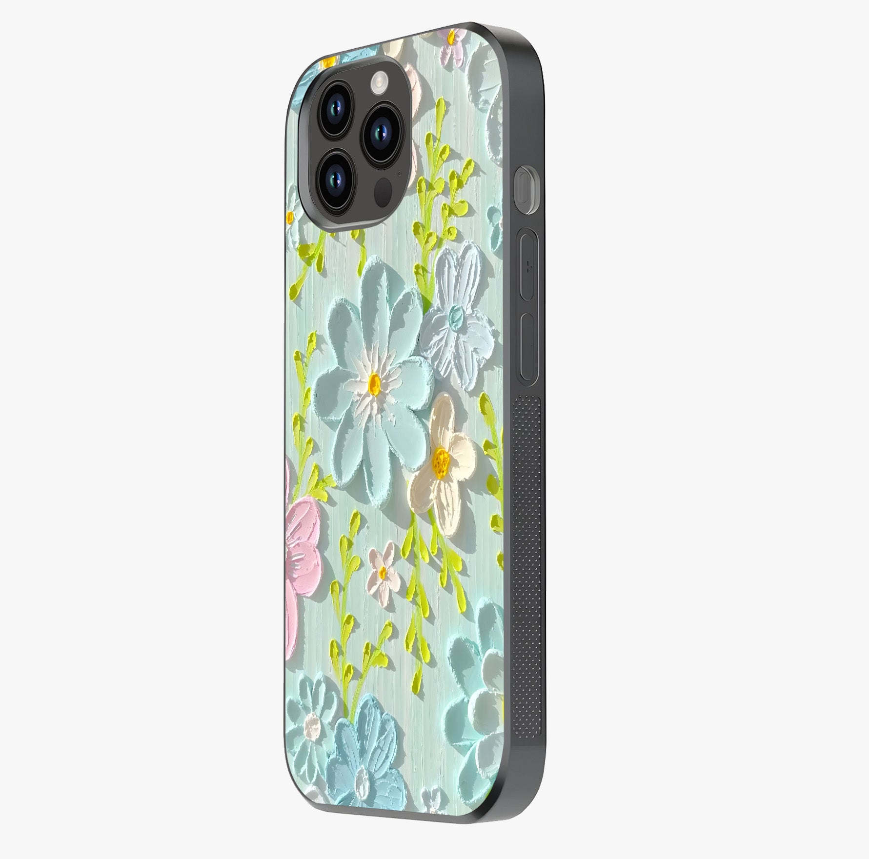 Frosted Petal Garden Glass Case photographed in natural light showing reflective finish and design depth.