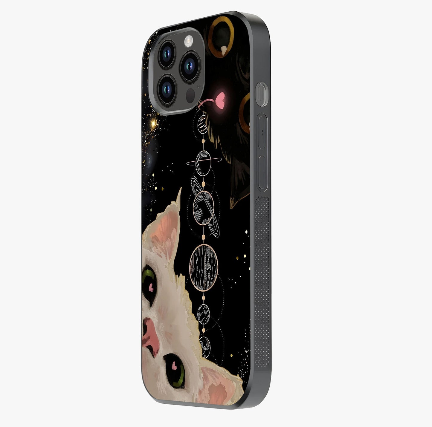 Galactic Cat Glass Case photographed in natural light showing reflective finish and design depth.