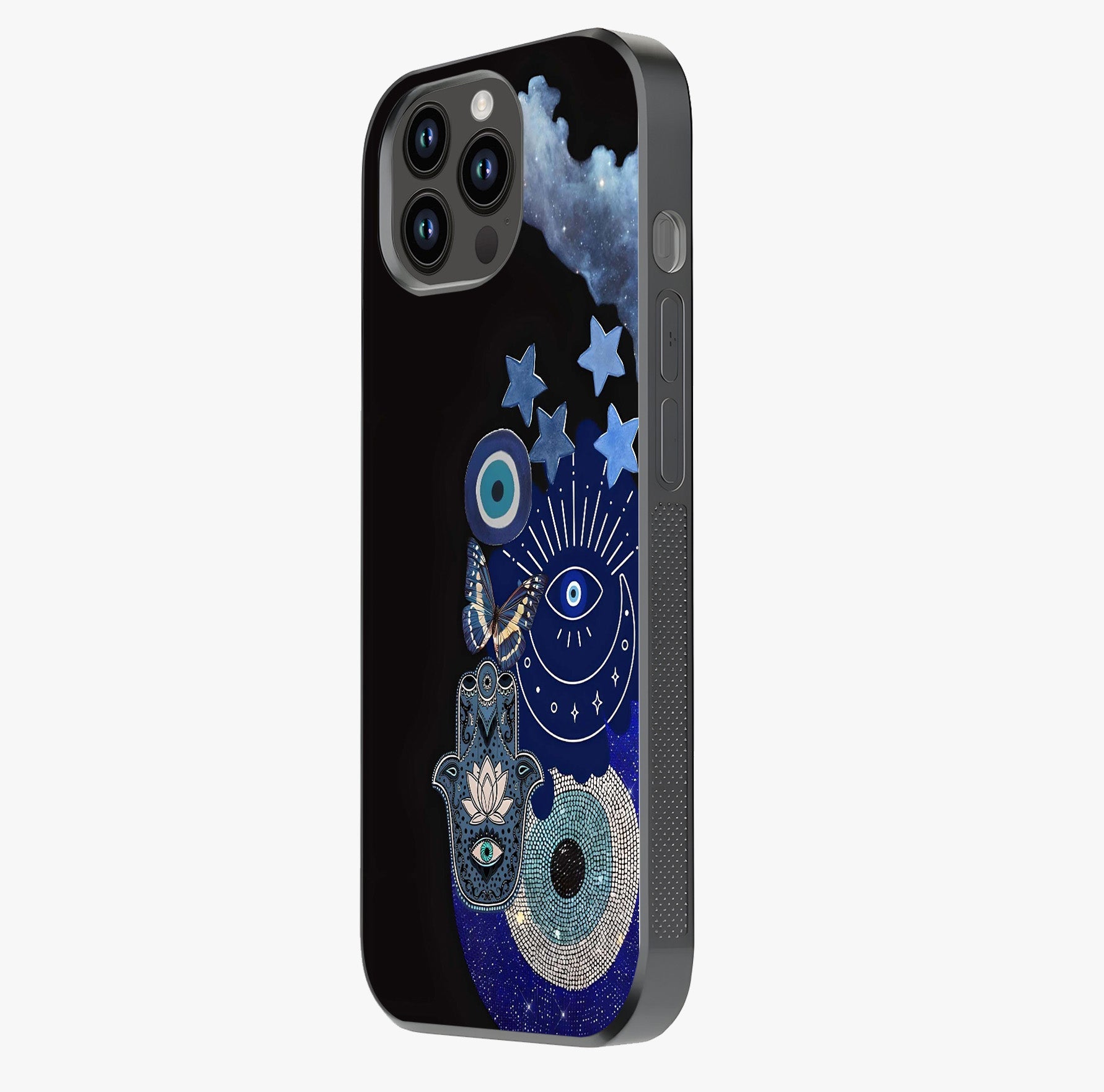 Galactic Charm Cluster Glass Case photographed in natural light showing reflective finish and design depth.