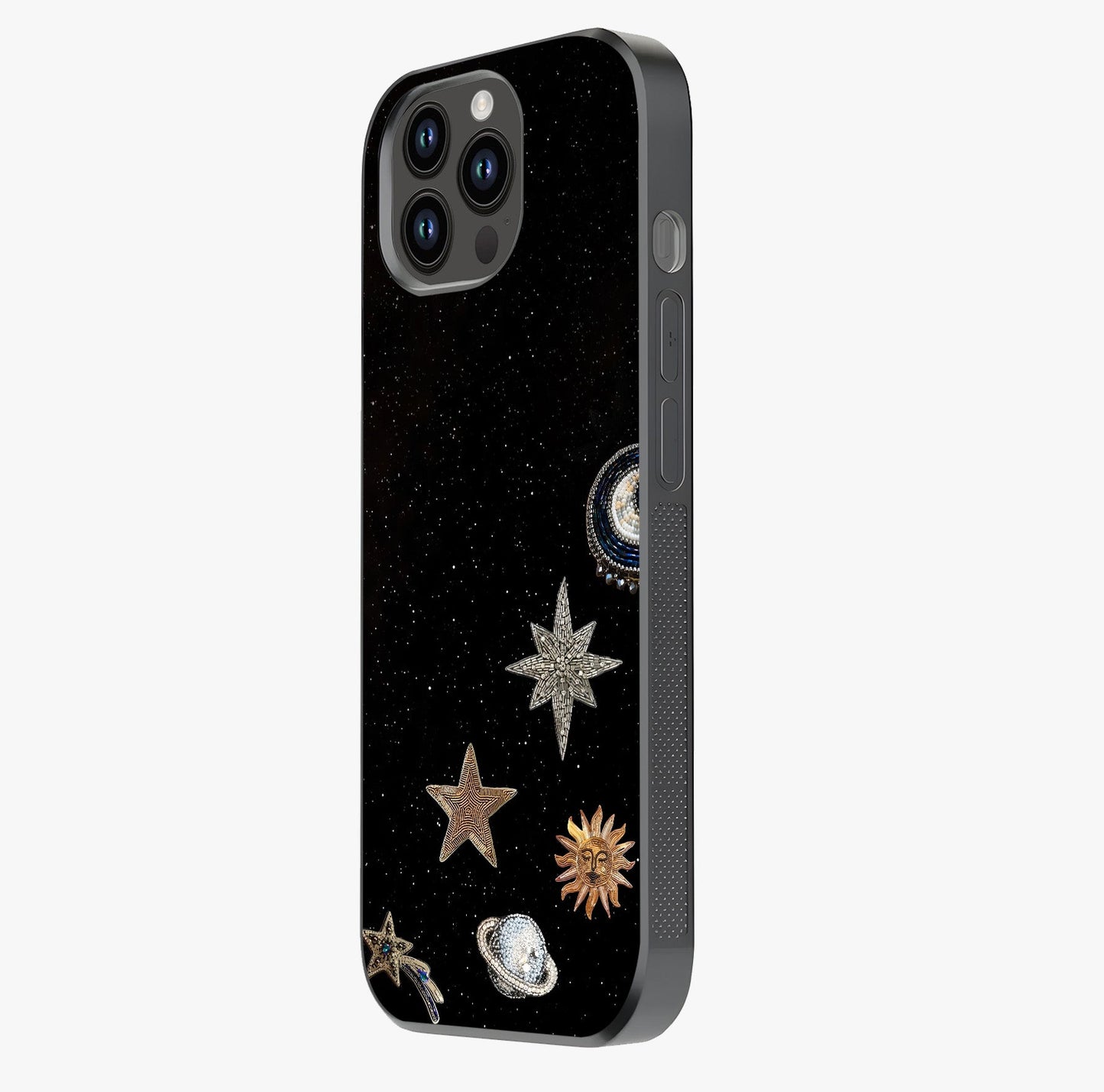 Galactic Charm Glow Glass Case photographed in natural light showing reflective finish and design depth.