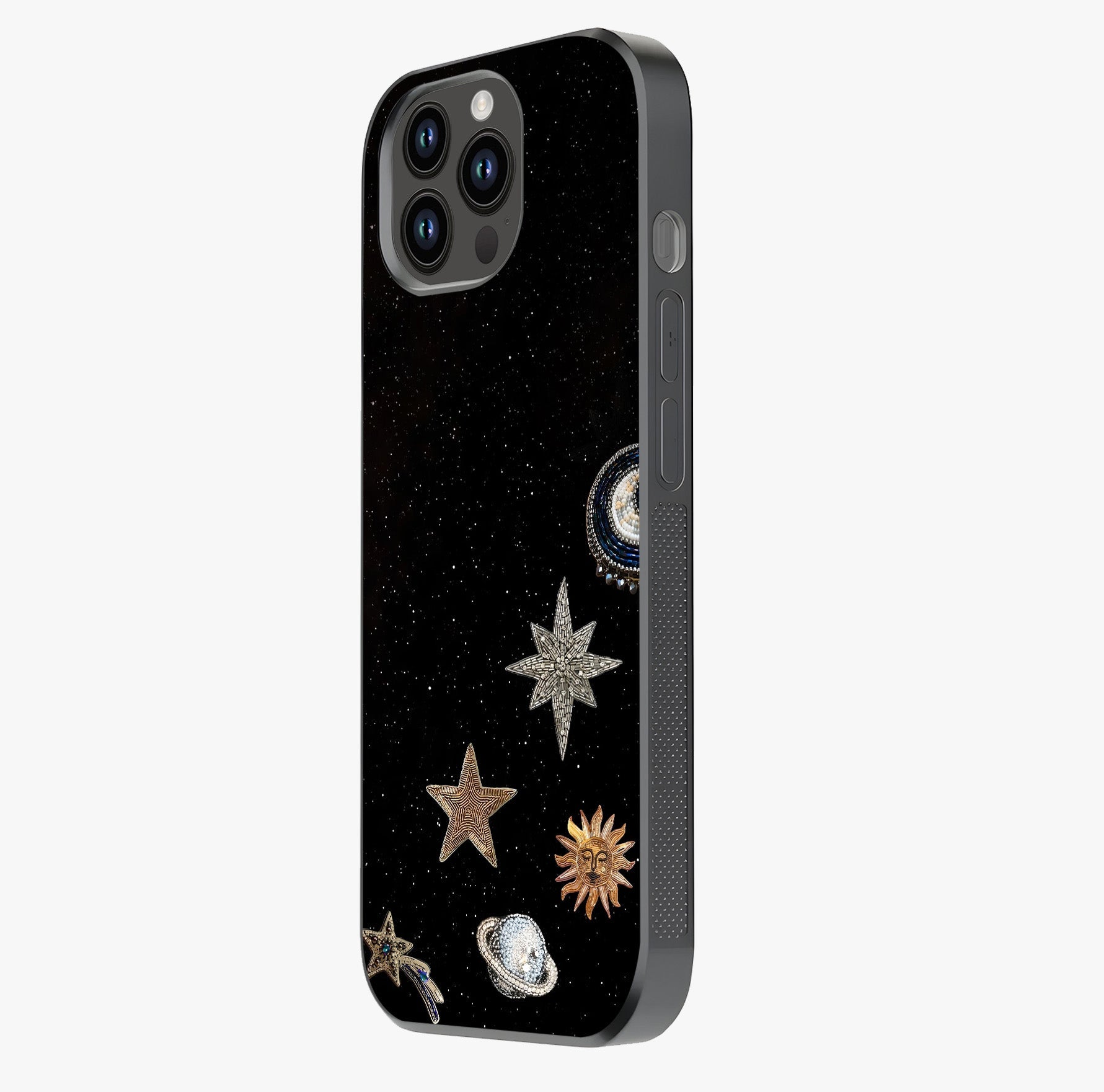 Galactic Charm Glow Glass Case photographed in natural light showing reflective finish and design depth.