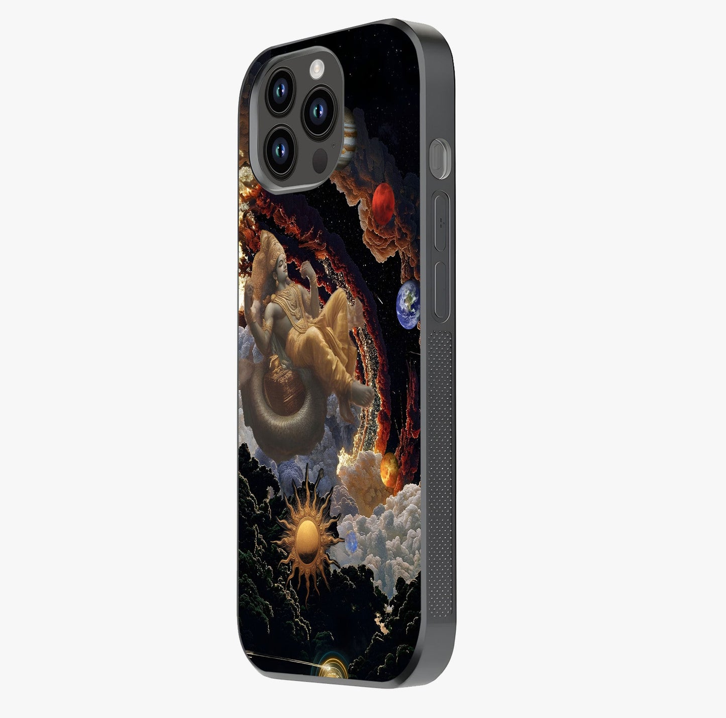 Galactic Divine God Glass Case photographed in natural light showing reflective finish and design depth.