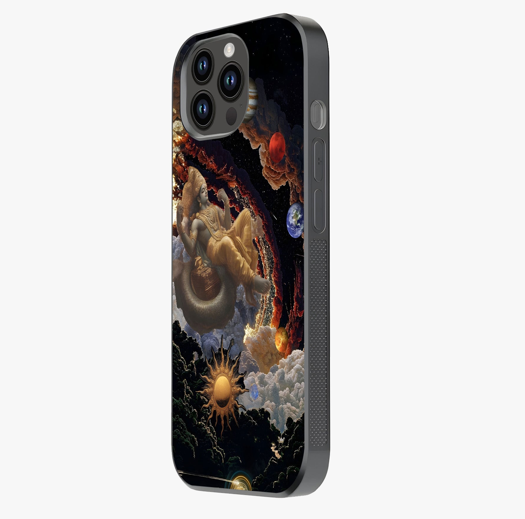 Galactic Divine God Glass Case photographed in natural light showing reflective finish and design depth.
