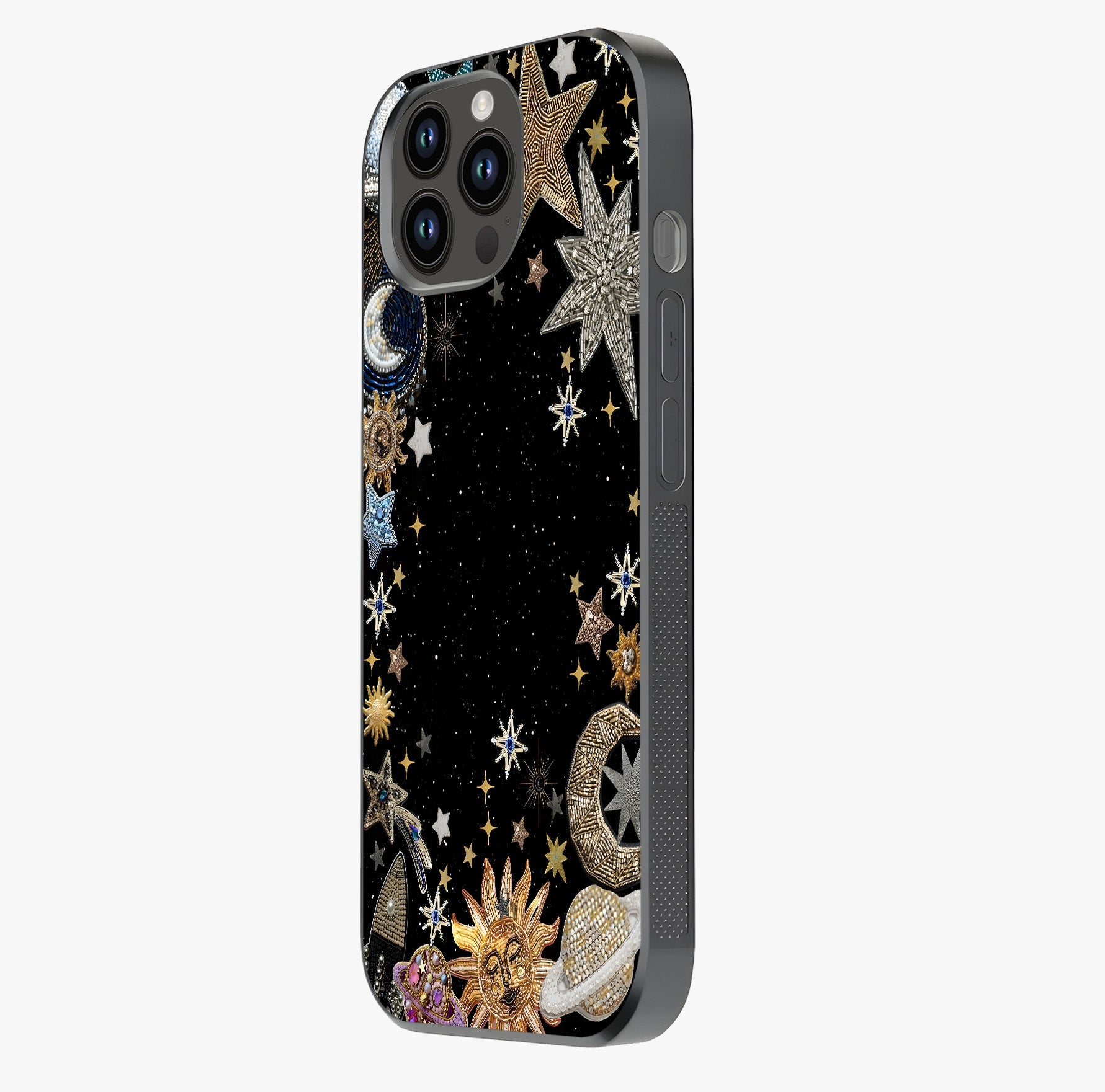 Galactic Jewel Stars Glass Case photographed in natural light showing reflective finish and design depth.